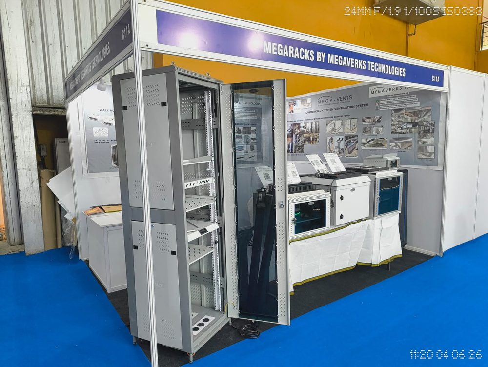 MEGARACKS floor standing and wall mount racks on display at IITEX Expo
